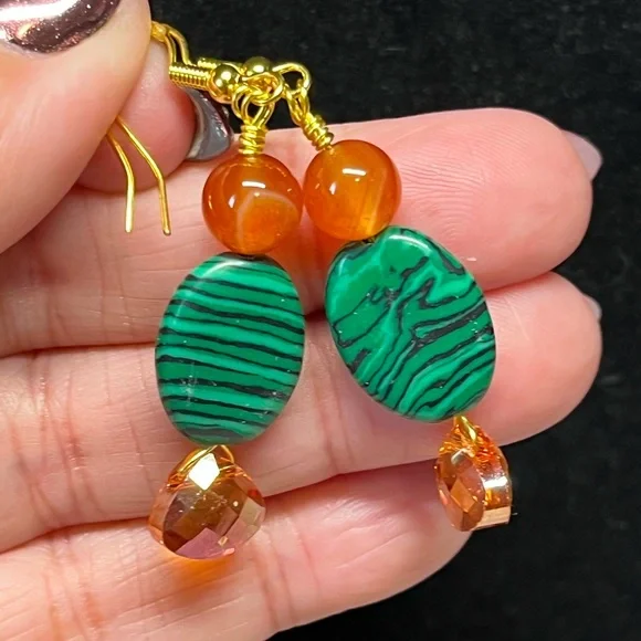 Dyed malachite and bright orange Swarovski crystal earrings on Sterling - Picture 4 of 8